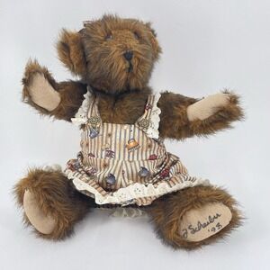 Hand Crafted Artisan Jointed Mohair Stuffed Girl Bear Dress Bow Signed Scheiber